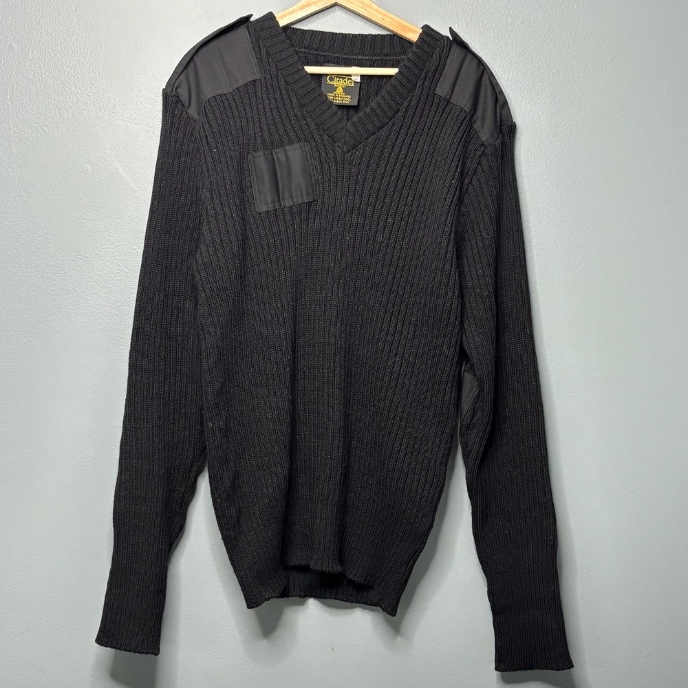 Citadel Sweater Mens 2XL Black Wool Commando V Neck Shoulder Patches England